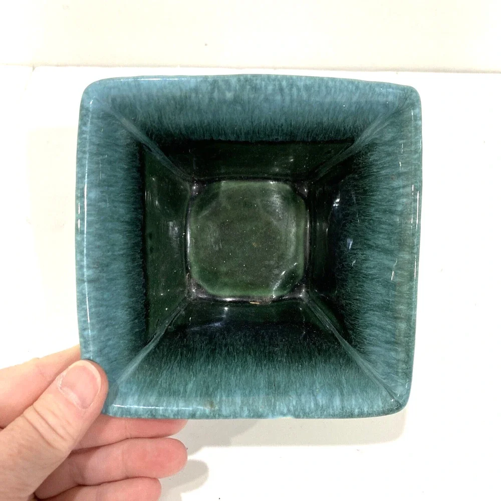 Hull USA Art Pottery Small Square Planter #A2 Green Drip Glaze Mid Century